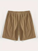 Calções Casuais Masculinos com Textura, Cintura com Cordão, Tecido Leve de Poliéster, Bolsos para Uso Diário, Praia ou Atividades ao Ar Livre | Calções com Cordão | Calções Leves