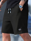 Calções Casuais Masculinos com Textura, Cintura com Cordão, Tecido Leve de Poliéster, Bolsos para Uso Diário, Praia ou Atividades ao Ar Livre | Calções com Cordão | Calções Leves