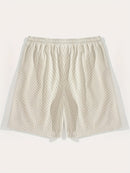 Calções Casuais Masculinos com Textura, Cintura com Cordão, Tecido Leve de Poliéster, Bolsos para Uso Diário, Praia ou Atividades ao Ar Livre | Calções com Cordão | Calções Leves